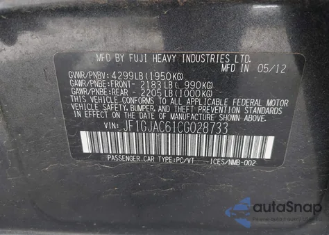 2012 Subaru Impreza 2.0I Premium from USA, damaged, VIN JF1GJAC61CG028733